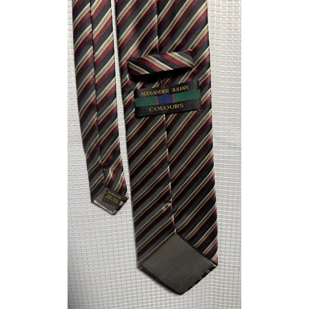 Alexander Julian Colours Silk Tie Burgundy‎ Gray Gold Striped Mens Necktie